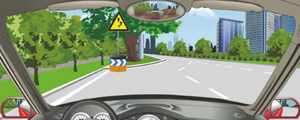 此标志为左侧绕行:用以告示前方道路有障碍物,车辆应按标志指示减速慢