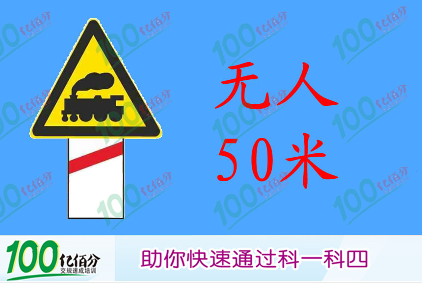 右侧标志警告距前方有人看守铁道路口100米。