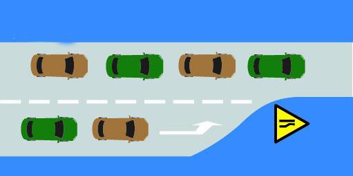如图所示，驾驶机动车行驶至车道减少的路段时，遇前方机动车排队等候或行驶缓慢时，以下做法正确的是什么？